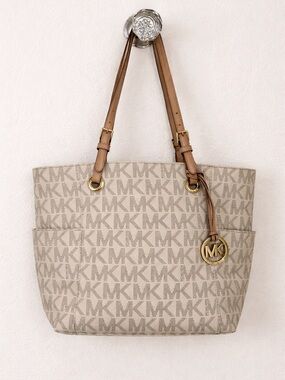 Michael Kors White Monogram MK Signature Tote with Tan Straps